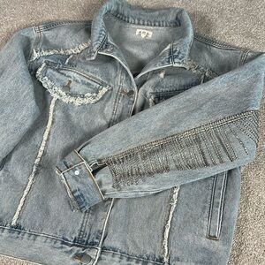 Distressed, rhinestone, fringe, jean jacket, grunge, punk‎ band rock
